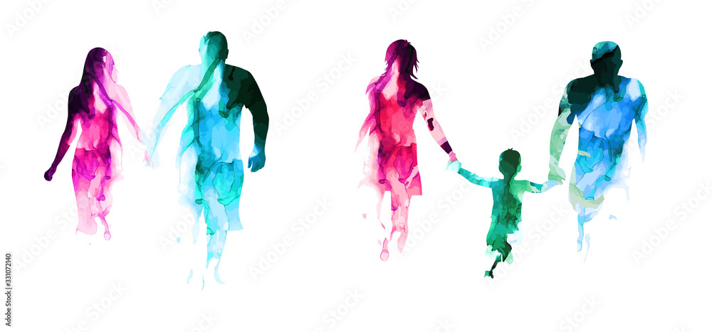Set of family silhouettes made of paint. Happy family day. Mixed media. Vector illustration Set of family silhouettes made of paint. Happy family day. Mixed media. Vector illustration