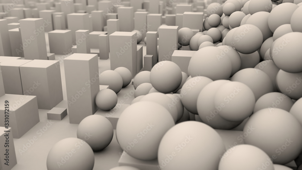 3D rendering of a set of white balls among cubes and other geometric objects. Abstract image for screensavers and other futuristic compositions.