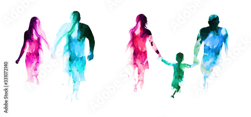 Set of family silhouettes made of paint. Happy family day. Mixed media. Vector illustration