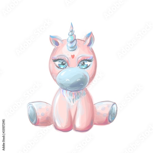Cute pink magic unicorn sitting, baby pony with big eyes rest