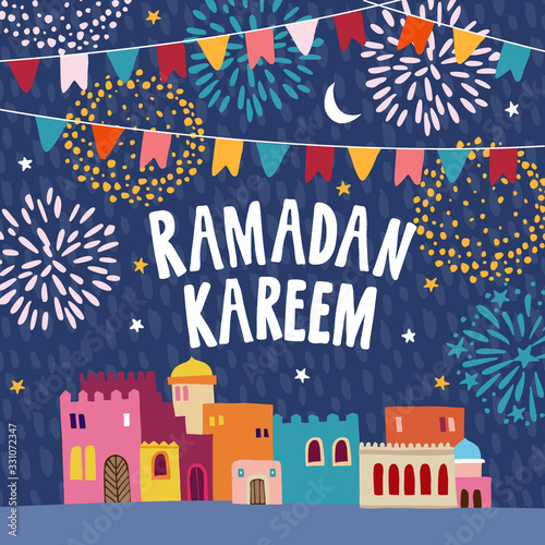 Greeting card  invitation for muslim holiday Ramadan Kareem. Garland of bunting flags  colorful houses  moon  stars and fireworks at night. Vector illustrations  flat design  textured backgound.