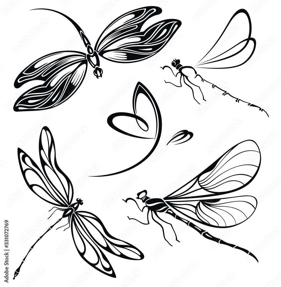 Watercolor set of dragonfly, isolated illustration, flying dragonfly - obrazy, fototapety, plakaty 