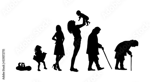Silhouettes of people. The cycle of life. Silhouettes of women from birth to old age. Vector illustration