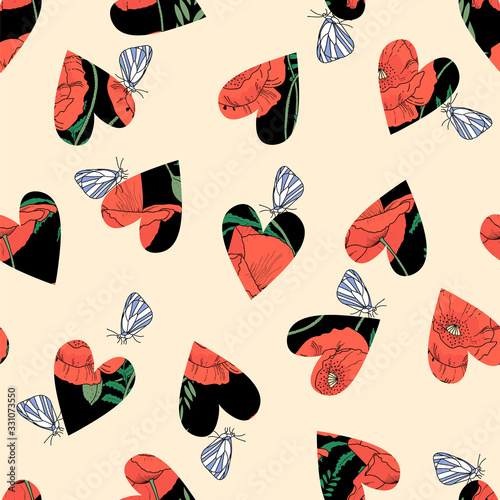 Seamless vector pattern with hearts, poppies and blue butterflies for decoration, print, textile, stationery