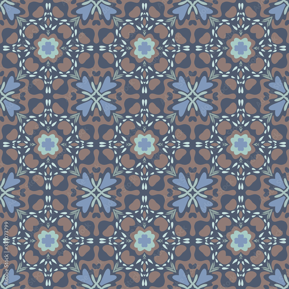Creative color abstract geometric pattern in blue and brown, vector seamless, can be used for printing onto fabric, interior, design, textile, tiles, pillow.