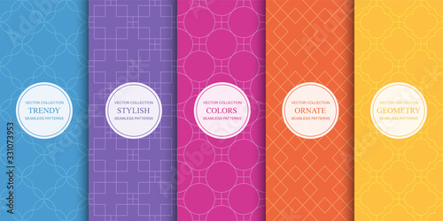 Set of colorful geometric seamless ornamental patterns - bright symmetric textures. Vector repeatable oriental backgrounds