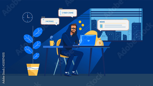 Criminal, burglar or cracker wearing black hats, masks and clothes stealing personal information from computer. Concept of hacker internet activity or security hacking. Cartoon vector illustration.