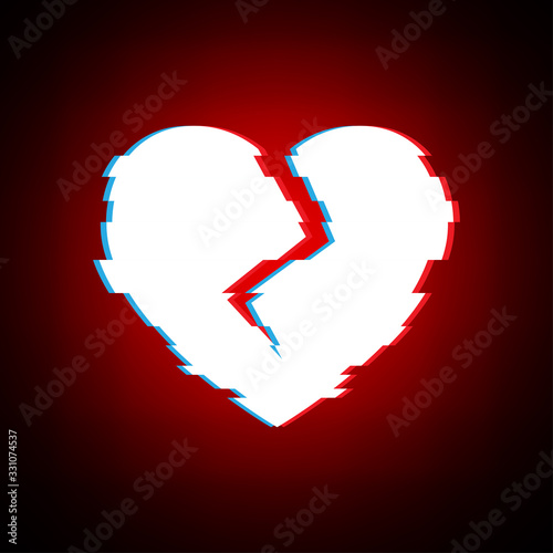 Glitch heart broken. Distorted love on modern background. Glitched stereo shape with double exposure. Abstract creative element for card, banner, poster. White cracked heart. Vector illustration.