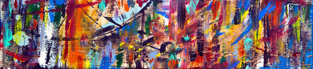 Art abstract panorama; fun; creative background texture with random paint brushstrokes in amazing multicolor - painting concept for design - in long, thin header / banner.