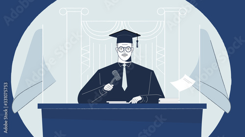 Court trial vector illustration. Courtroom interior with judge. Law and criminal, crime and justice in courthouse concept.