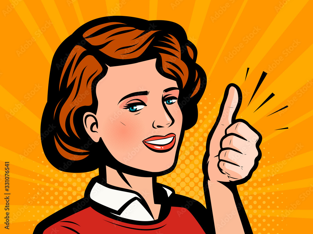 Young woman or businesswoman showing thumbs up. Retro comic pop art vector Young woman or businesswoman showing thumbs up. Retro comic pop art vector