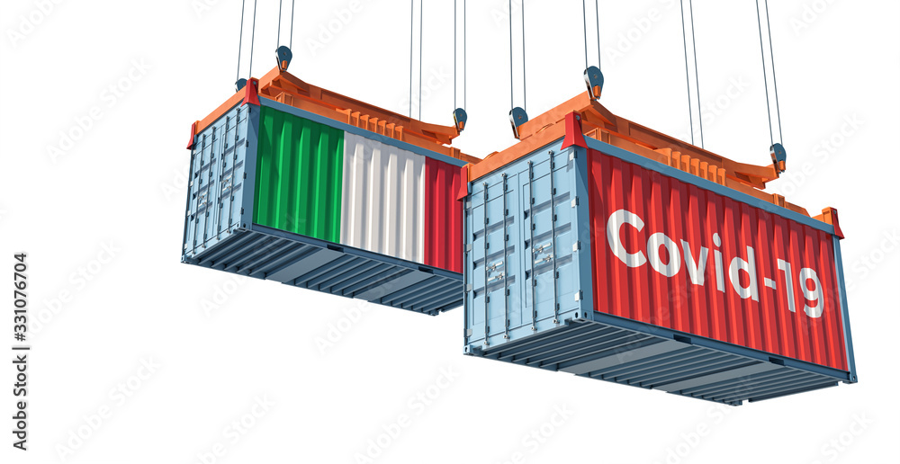 Container with Coronavirus Covid-19 text on the side and container with Italy Flag. Concept of international trade and travel spreading the Corona virus. 3D Rendering 