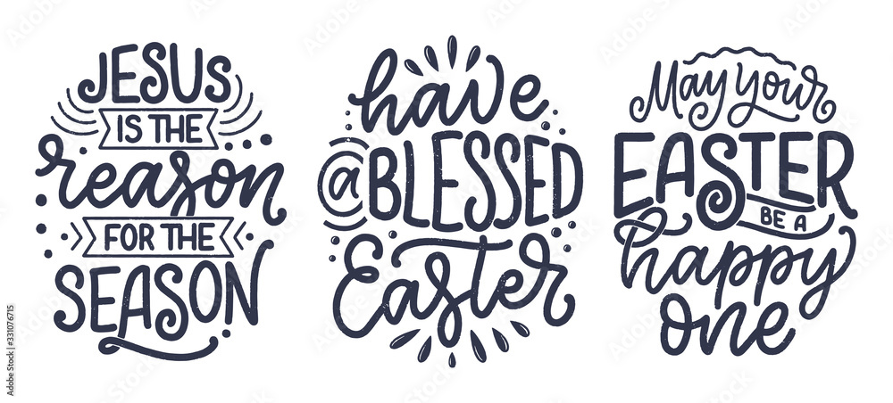 Set with calligraphy lettering slogans about Easter for flyer and print design. Templates for banners, posters, greeting postcards. Vector