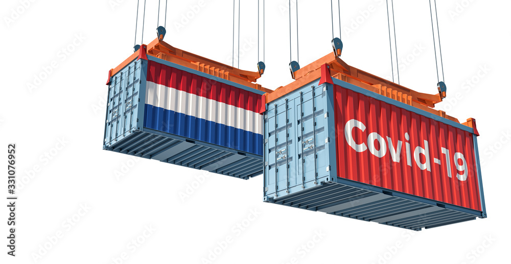 Container with Coronavirus Covid-19 text on the side and container with Netherlands Flag. Concept of international trade and travel spreading the Corona virus. 3D Rendering 