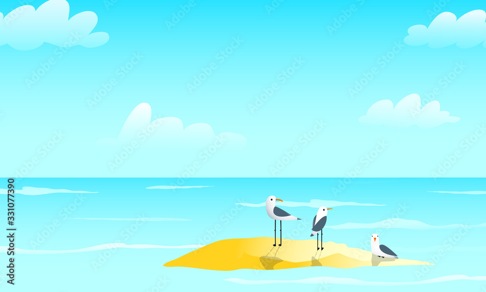 Maritime seascape navy design with seagulls birds sitting on the shore, blue sky and sea background.