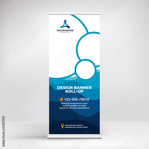 Banner roll-up for water Park, creative concept for presentations and advertising, template for posting photos and text. Modern blue background with sea waves