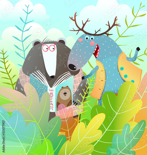 Bear and Moose reading book amusing animals friendship in forest cartoon watercolor style for kids.