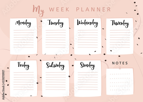 Scandinavian week planner template. Organizer and schedule with notes.