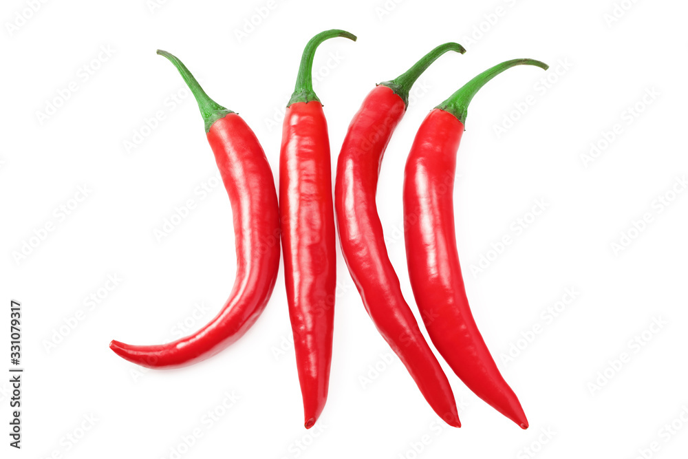 red hot chili peppers isolated on white background. top view
