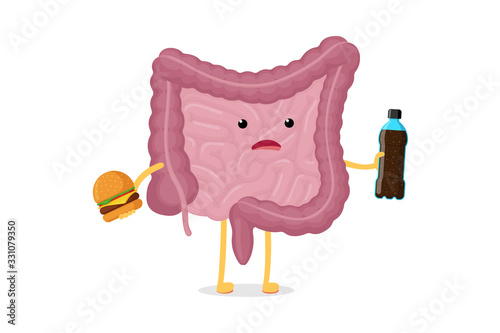 Sad sick intestine character with soda bottle and burger. Abdominal cavity digestive and excretion human internal unhealthy organ. Bad nutrition fast food indigestion concept vector illustration
