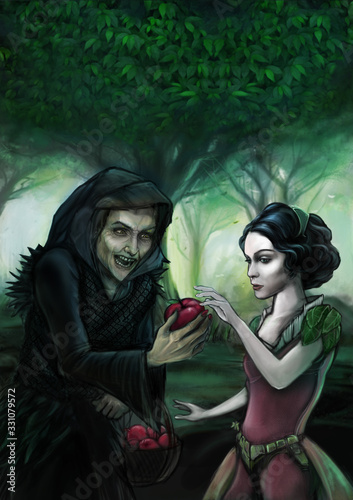 snowwhite and the evil witch who offers him poisoned apple photo
