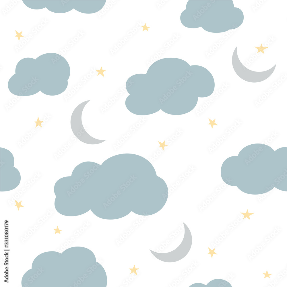 Seamless pattern with cute clouds. Ornament for textiles and wrapping. Vector background