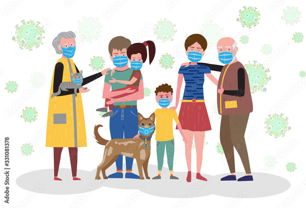 Obraz premium Big family in medical protective masks. Mother and father, daughter and son, grandfather and grandmother and their dog. Vector illustration.