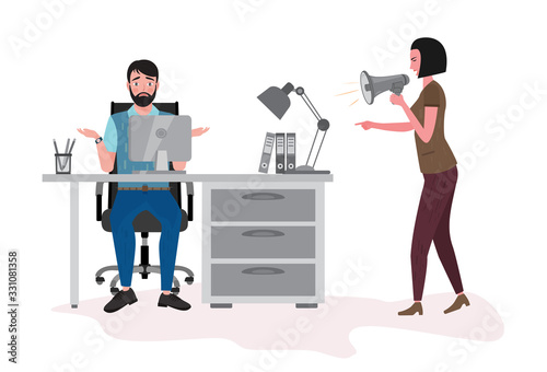Confused man sitting on an office chair at a computer desk and looking at the monitor. Angry leader scolds a negligent employee through a megaphone. Vector illustration.