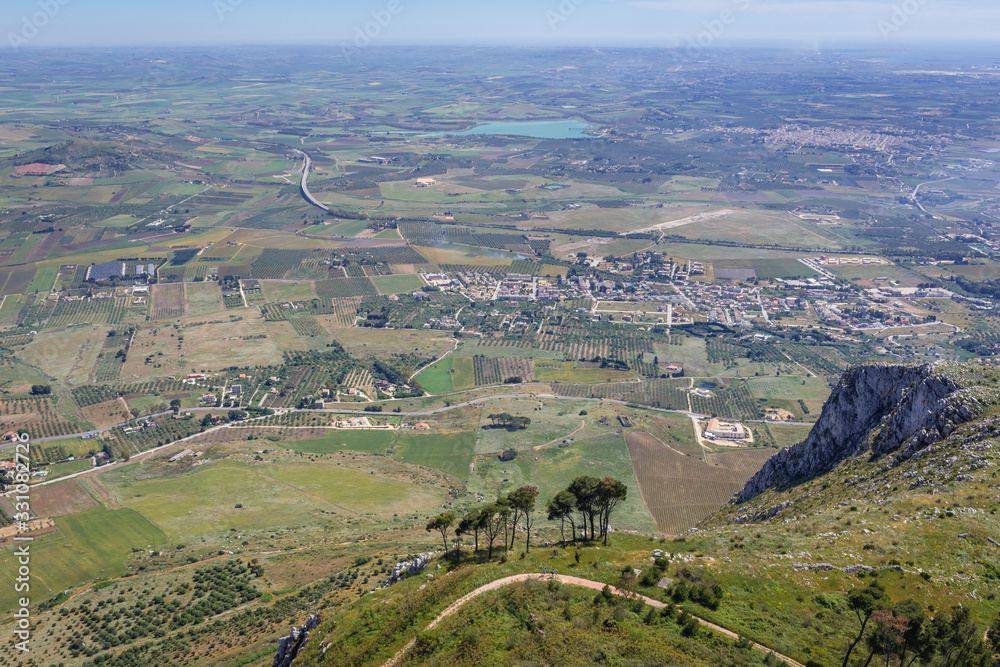 Panoramic view from Erice town on a Erice Mountain, Sicily Island in Italy