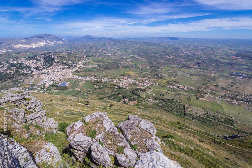 Panoramic view with Valderice town from Erice town on a Erice Mountain, Sicily Island in Italy