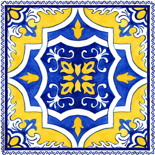 Portuguese Azulejos tile bandana scarf. Traditional Portuguese Mosaic tile decoration. Watercolor blue and yellow artwork. Antique ceramics tileable, heritage. Old painted panel with floral pattern