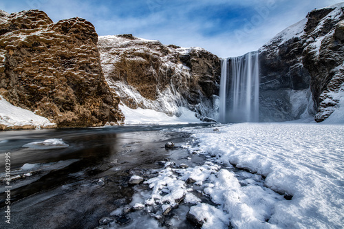 Famous Skogafoss waterfaal on Iceland during winter