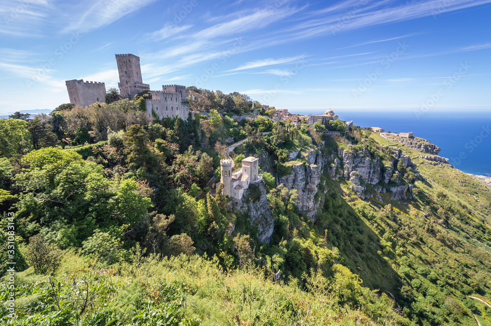 Balio Castle and Pepoli Turret seen from ruins of Norman castle in Erice town on a Erice Mountain, Sicily Island in Italy