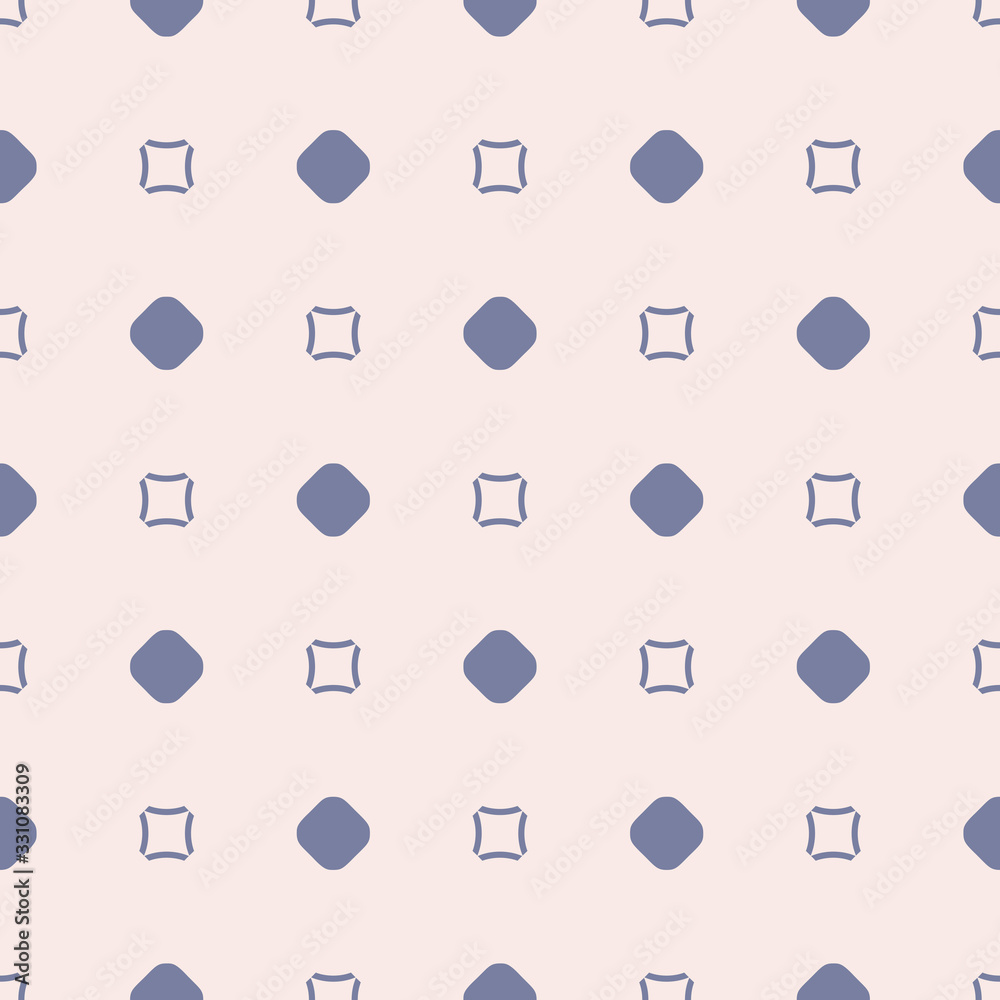 Simple minimalist vector seamless pattern. Cute abstract minimal geometric texture with small shapes, circles, linear squares. Blue and soft pink color. Subtle background. Repeatable design element