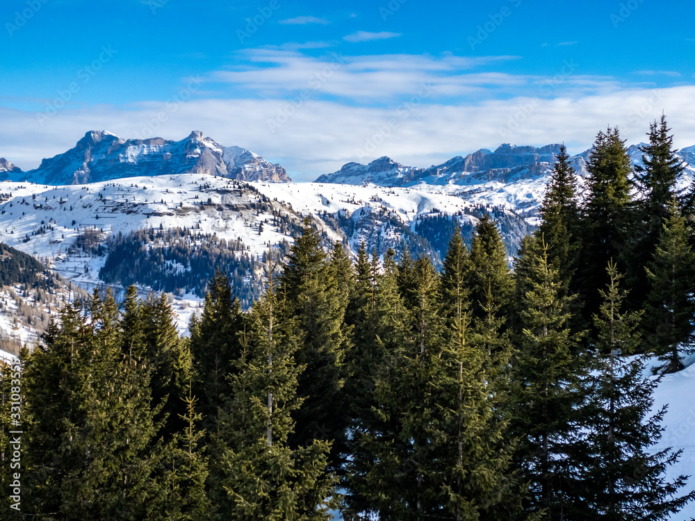 View of coniferous forest and mountains from a chair lift on a sunny winter day. Ski resort Arabba in Dolomites mountains. Passo Pordoi pass. , Italy