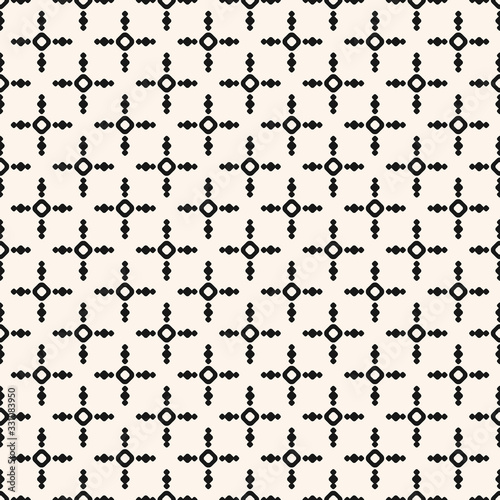 Vector minimalist geometric seamless pattern with small circles  crosses  dots  rings. Simple abstract black and white background. Monochrome repeating texture. Modern design for print  fabric  cloth