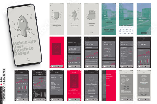 Mobile app design, UI, UX. A set of graphic screens with the login and password, home page, exchange rate, list of payments, archim exchange rates and current account information.