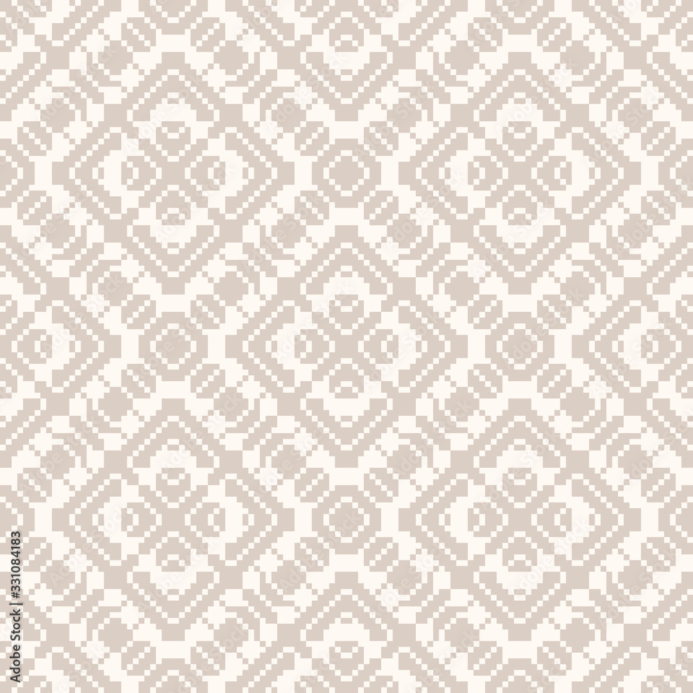 Vector geometric traditional folk ornament. Delicate white and beige seamless pattern. Ornamental background with small squares, crosses, snowflakes, flower shapes. Texture of embroidery, knitting