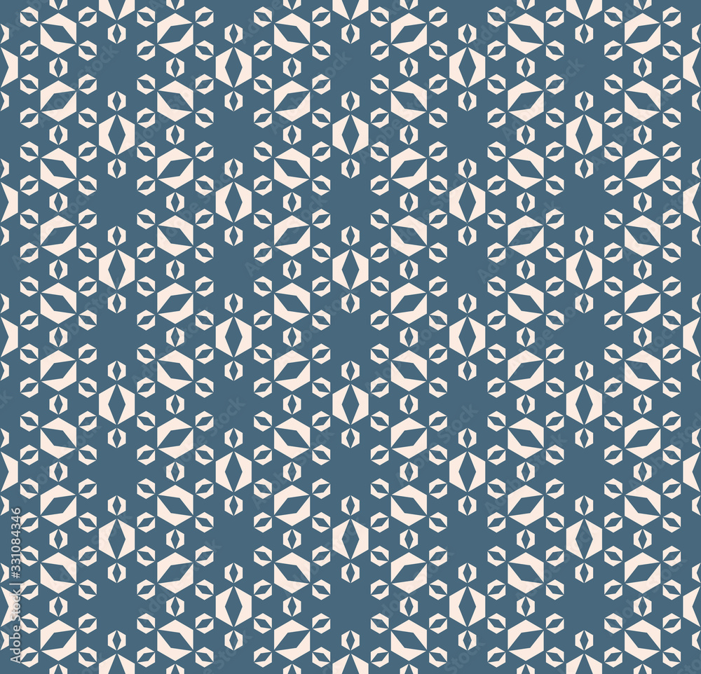 Vector geometric seamless pattern with small hexagonal shapes, floral silhouettes, grid. Simple abstract texture in soft blue and beige color. Minimal repeat design for decor, wallpapers, wrapping