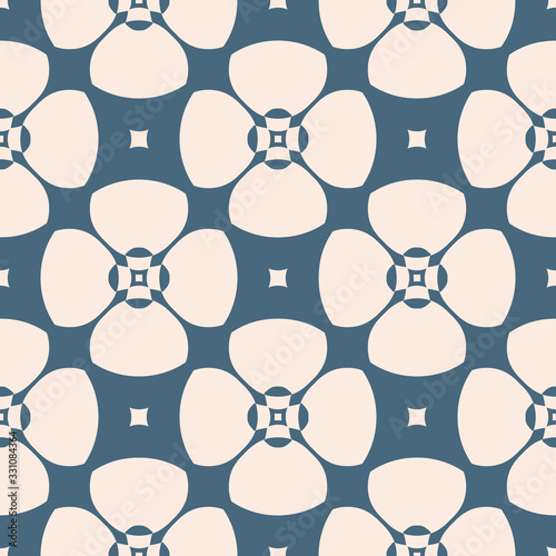 Simple geometric floral pattern. Vector seamless texture with flower shapes, grid, net, lattice. Abstract repeat background in soft blue and beige color. Design for decor, textile, wallpapers, fabric