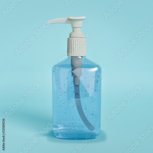 Sanitizer gel bottle on cyan background. 3D illustration.