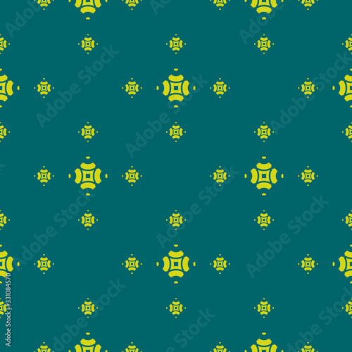 Vector minimalist seamless pattern. Abstract geometric floral background in dark green and lime color. Minimal ornament texture with simple small flowers. Repeat design for decoration, fabric, textile