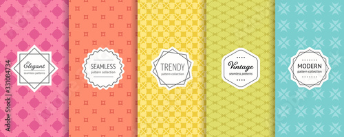 Vector geometric seamless pattern collection. Set of colorful background swatches with elegant minimal labels. Cute abstract textures. Subtle modern design. Pink, orange, yellow, green, blue color