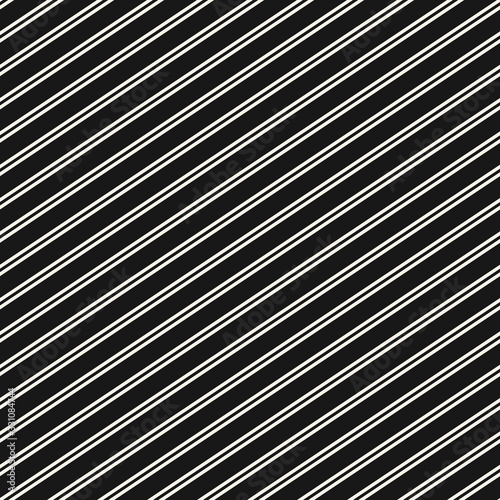 Diagonal stripes seamless pattern. Simple black and white slanted lines texture. Modern vector abstract geometric striped background. Thin parallel inclined strips. Monochrome repeat design for decor