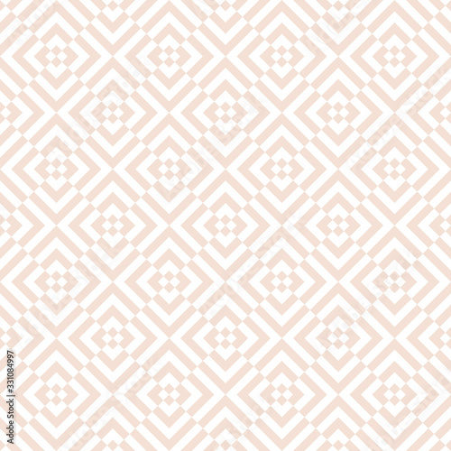 Subtle vector geometric seamless pattern. Abstract texture with stripes, lines, square tiles. Optical art. Simple minimal white and beige background. Elegant repeat design for decor, print, wallpaper