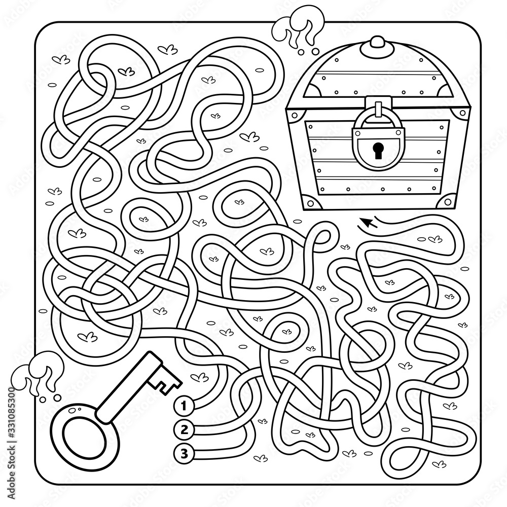 Maze or Labyrinth Game for Preschool Children. Puzzle. Tangled Road.  Coloring Page Outline Of Cartoon key and closed treasure chest. Coloring  book for kids Stock Vector | Adobe Stock
