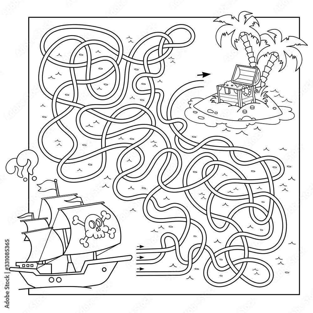 Maze or Labyrinth Game for Preschool Children. Puzzle. Tangled Road. Coloring Page Outline Of Cartoon Pirate ship with island of treasure. Coloring book for kids.