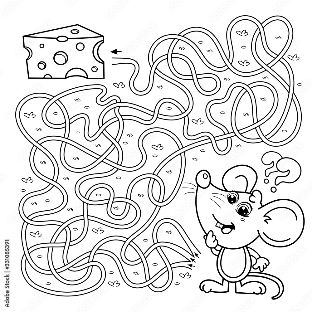 Maze or Labyrinth Game for Preschool Children. Puzzle. Tangled Road. Matching Game. Coloring Page Outline Of Cartoon mouse with cheese. Coloring book for kids.