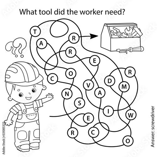 Maze or Labyrinth Game for Preschool Children. Puzzle. Tangled Road. Matching Game. Coloring Page Outline Of Cartoon Worker with tools. Coloring book for kids.