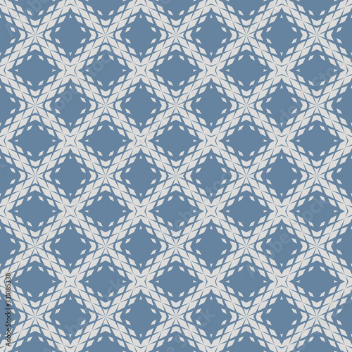 Vector geometric seamless pattern with fading rhombuses, diamonds, grid, repeat tiles. Halftone gradient transition effect. Blue and gray background. Modern abstract ornament. Repeat geo texture